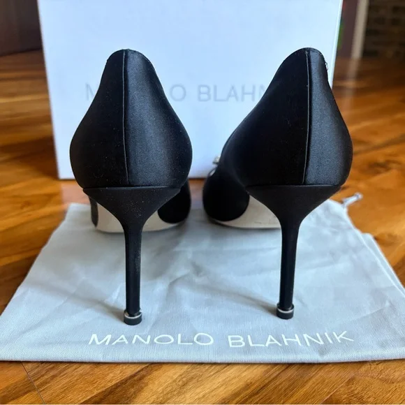 Manolo Blahnik, Black Satin Hangisi Pumps 90, NEW - Picture 11 of 13